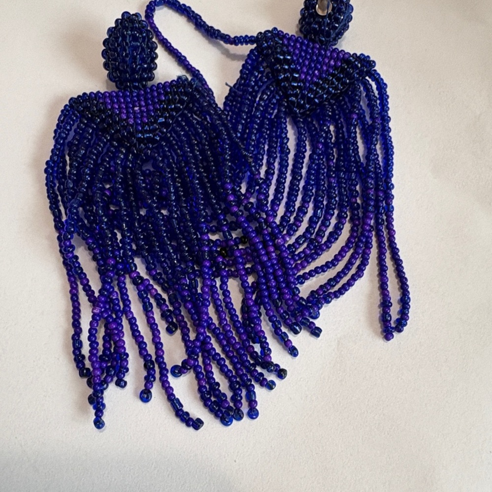 Blue & Purple Beaded Fringe Statement Earrings